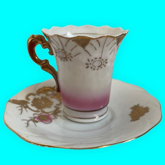 Occupied Japan Demitasse Cup & Japanese Saucer Hand Painted Pink and Gold - Picture 3 of 11